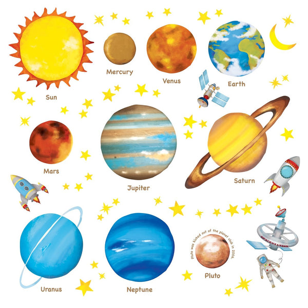 Decowall DS8-1307 Planets in The Space Kids Wall Decals, Peel and Stick Removable Stickers for Nursery