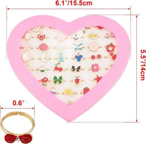 36 pcs Adjustable Rings in Box, Children Kids Little Girl Pretend Play Jewelry Set with Heart Shape Display Case