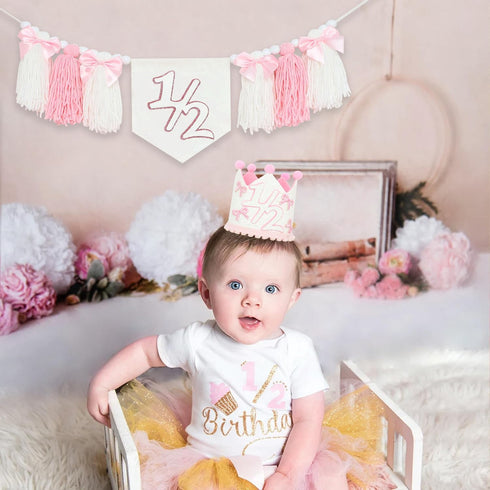 1/2 6 Birthday High Chair Banner, Half-Year Crown Hat, Months Party Decorations, Baby Photo Props with Pink Bow