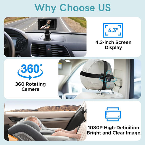 ZDAGELD 4.3" 150 360 Baby Car Camera with Monitor, Car Mirror Baby Rear View, Wide Angle and Rotation Rear Facing Seat