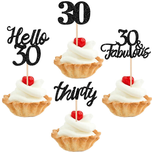 24 PCS 30th Birthday Cupcake Toppers, Hello 30 Cake Topper, Thirty 30 & Fabulous Cupcake Picks, 30th Birthday