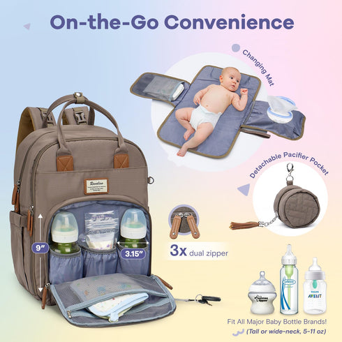Backpack, Pack RUVALINO Diaper Bag Multifunction Travel Maternity Baby Changing Bags, Large Capacity, Waterproof, Khaki