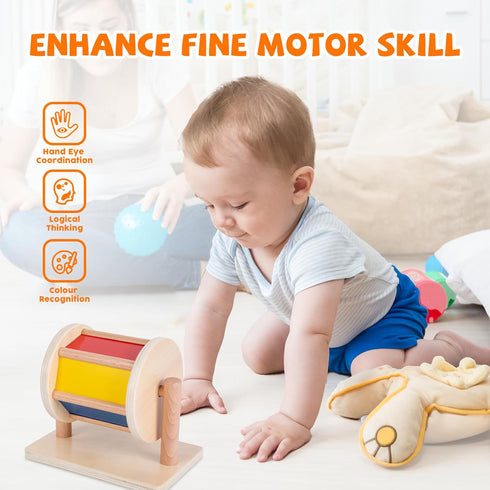 Montessori Baby Toys Play Kit with Mirror, Peekaboo Knob Puzzle, Spinning Drum, and Rainbow Fabric Ball for 6-12 Months