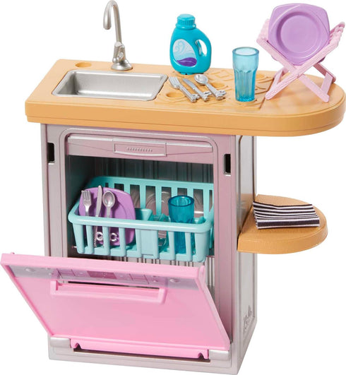 Barbie Furniture & Accessories Set, 10+ Pieces for Kitchen, Includes Dishwasher with Working Door & Sliding Rack