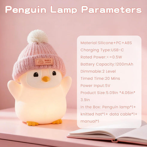 Rechargeable/Dimmable/Timer,LED FAMIDUO Penguin Night Light, Cute Pink Penguin Lamp with Knit Hat, Soft Silicone