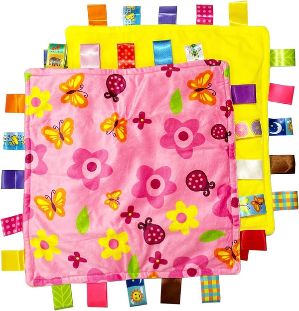 1 PC Soft Baby Tag Blanket, 10.4x10.4INCH Colorful Taggy Security Blanket Gift for Baby (Flower and Butterfly)
