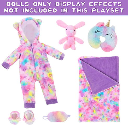 18" Set 18 Inch American Doll Clothes and Sleep Bag Accessories,Sleepover Outfit Fits Dolls Include Rainbow