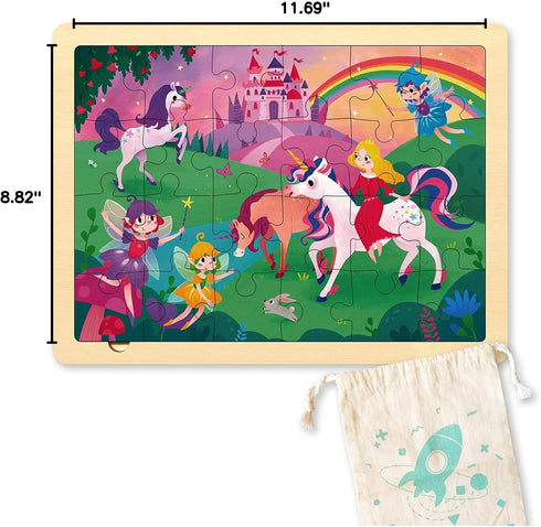 24 Piece Wooden Jigsaw Puzzles for Kids Ages 3-5, Unique Shape Fairy Princess Puzzle for Toddlers with Tray