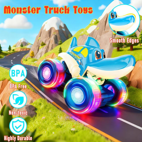 BOLZRA 1-3 3 Pack Monster Truck Toys, Toy Cars for Toddlers with Bull Shark Crocodile Glow Rover Wheels Press and Go