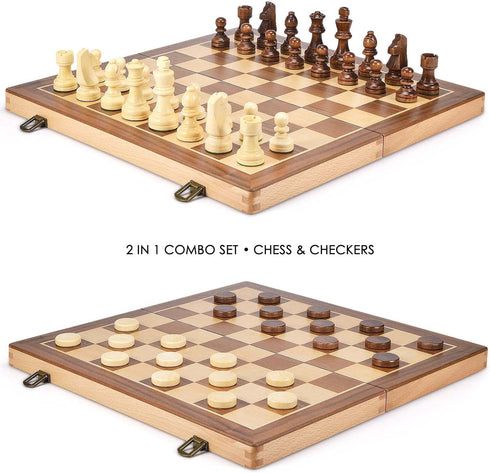 AMEROUS 15 Inches Wooden Chess & Checkers Set with Upgraded Weighted Pieces, 2 Extra Queens, Storage Slots