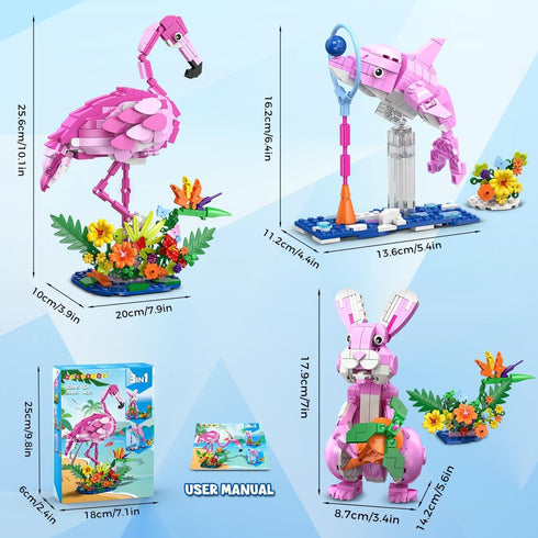 3 1 Set 3 558PCS 6+ HOGOKIDS Easter Bunny in Pink Building with Flowers, Animal Figure with Building Options