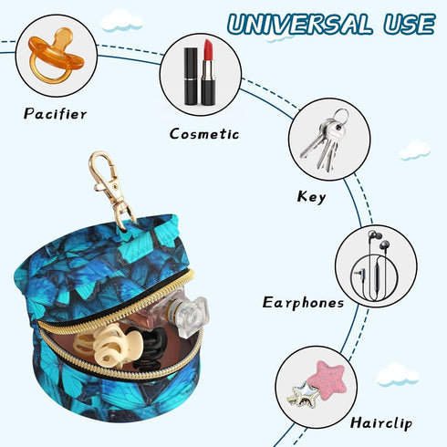 YETTASBIN Blue Butterfly Portable Pacifier Holder Case with Metal Hook Buckle & Zipper for Diaper Bag and Stroller