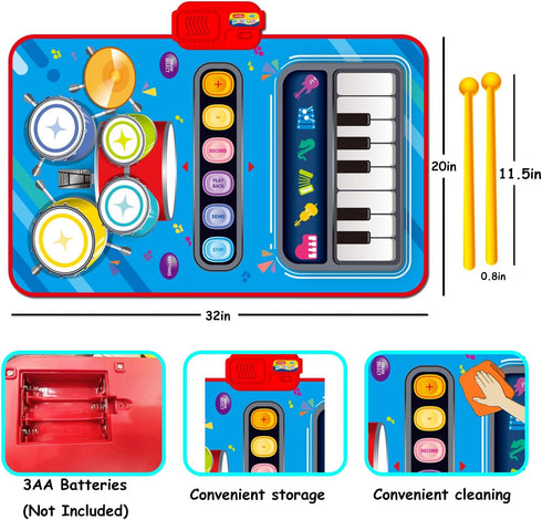 Baby Musical Mat Toddler Toys Age 1-2, 3 in 1 Piano Drum Play Mat for 12-18 Months, Birthday Gifts for Boys Girls