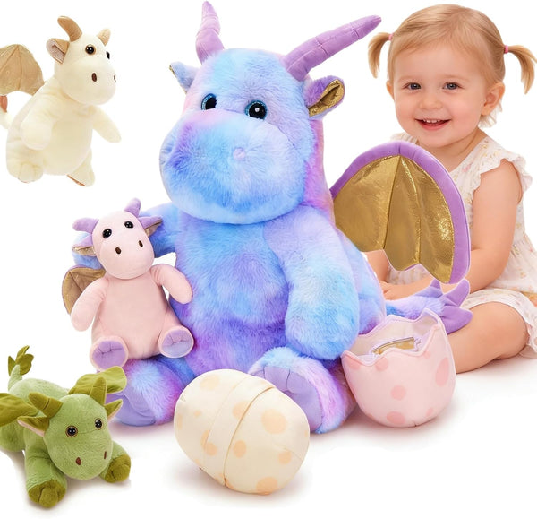 Tezituor Purple Stuffed Dinosaur for Girls,Cute Dragon Stuffed Animal,6 Pcs Mommy Dino