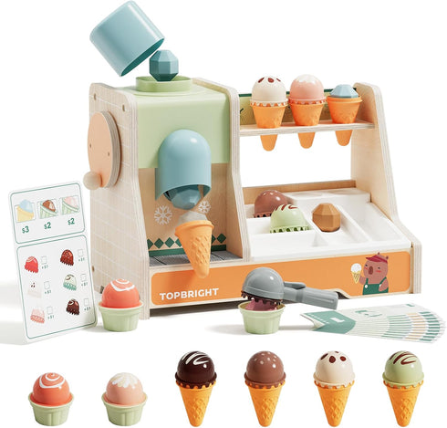 TOP BRIGHT Wooden Ice Cream Pretend Play Toys, Play Kitchen Set for