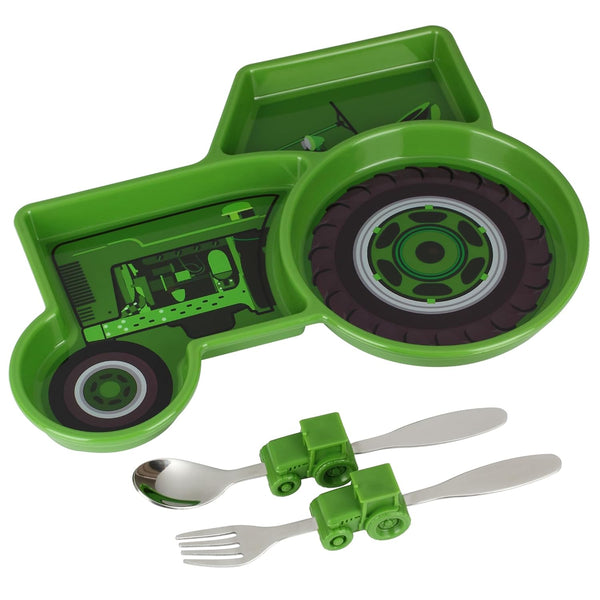Funwares Green Tractor Kids' Dinnerware Set: Durable Divided Plate, Fun Fork & Spoon, Ideal for Picky Eaters