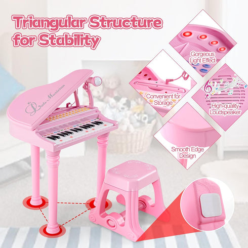 31 Honey Joy Classical Kids Mini Grand Piano w/ Music Stand & Stool, Portable Electronic Piano Educational Musical