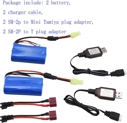 Blomiky 2 Pack H101 7.4V 2S 15C 1500mAh Battery with SM 2P Plug and USB Charger Cable for H101 Remote Control RC Boat