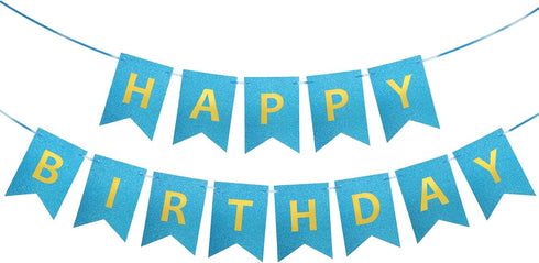 Clabby Glitter Happy Birthday Banner, Shiny Letters Hanging Signs for Party Supplies Backdrop Decoration, Blue