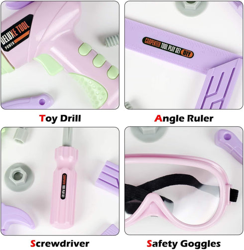 Set 18-Pc 3 4 5 6 7 8 Kids Tool with Electronic Toy Drill & Construction Goggles, Safe ABS Toddler Tool Box & STEM
