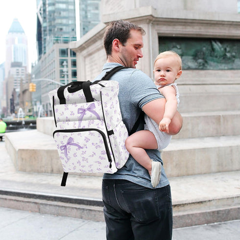 Bolaz Backpack Purple Floral Bow Diaper Bag Tote Multifunction Baby Nappy Changing Bags Large with Stroller Straps
