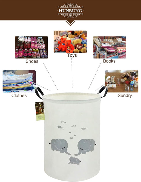 HUNRUNG Large Canvas Laundry Hamper, Lightweight Storage Basket for Dirty Clothes, Collapsible, Round-Family Elephants