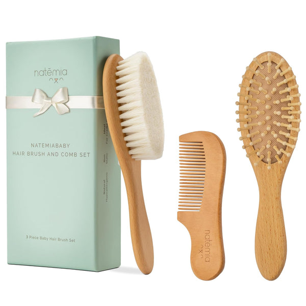 Natemia Wooden Baby Hair Brush & Comb Set, Soft Bristle for Newborns, Perfect Baby Shower Gift