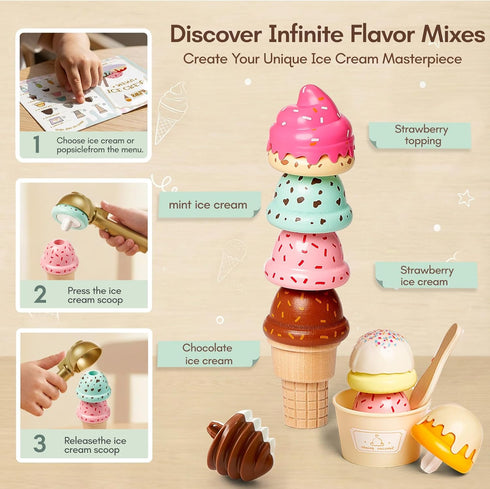 Set, 3+, Giant bean Wooden Ice Cream Play with Drop-Down Dispenser, Play Kitchen Accessories with Cones, Popsicles