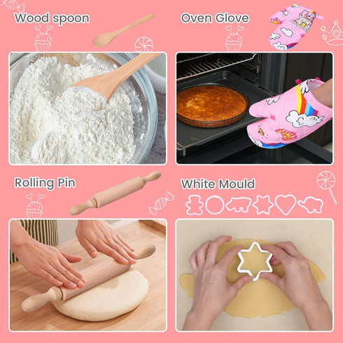 FunsLane Set, 2 Set, Kids Cooking and Baking Chef Pcs Apron (Pink Green) Chef Hat Accessories Complete Cooking Dress Up