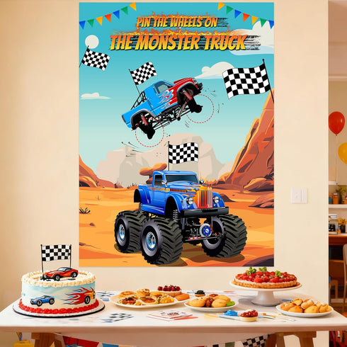 PLULON Pin The Wheels on The Truck Party Game for Kids, Birthday Pin The Tail Games Big Poster with Tyres Stickers