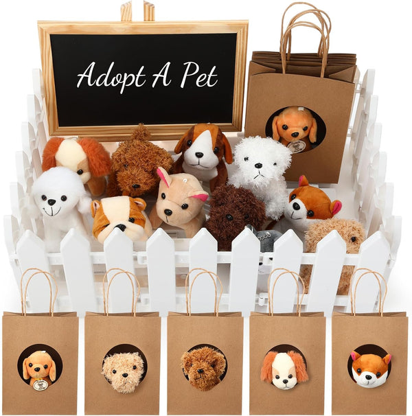 36 Pcs Mini Plush Toy Stuffed Animals Set with 10 White Fence, 12 Gift Bags, Chalkboard Signs for Birthday Party
