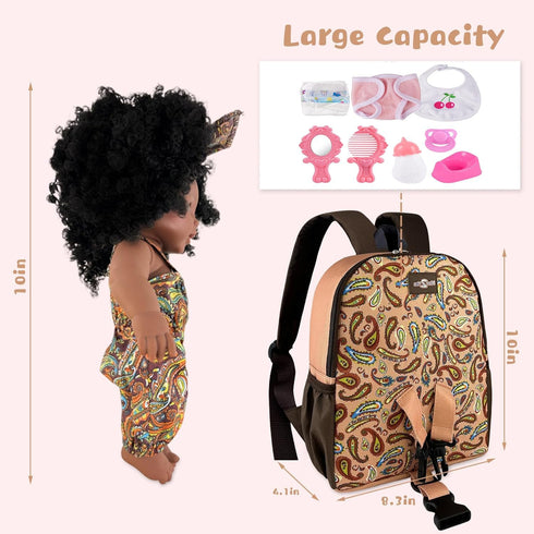 Nice2you Black Baby Doll in Take Along Backpack Carrier, 10in American African Girl Doll for Toddlers 1-5 Years