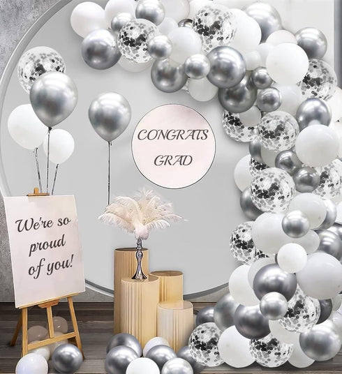 White and Silver Balloons Garland Arch Kit, 5"10 Inch 12" Metallic Confetti Latex Balloons for Party Decor
