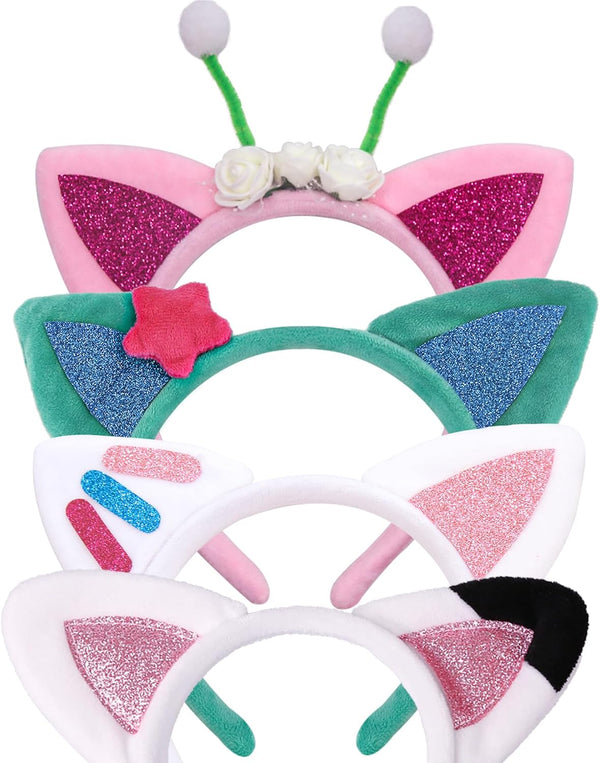 Cat Ears Headbands - 4pcs Dollhouse Birthday Party Accessories, Flannel Cartoon Cosplay Headpiece & Glitter Hair Clips