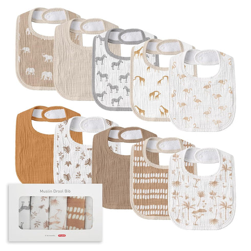 Muslin Baby Drool Bibs for Unisex Boys Girls, 10 Pack Soft Cotton