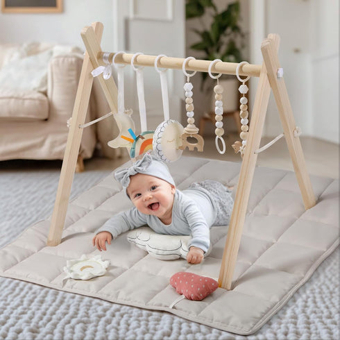 FUNNY SUPPLY Wooden Play Gym with Beige Mat, Foldable Baby Play Gym, Infant Activity