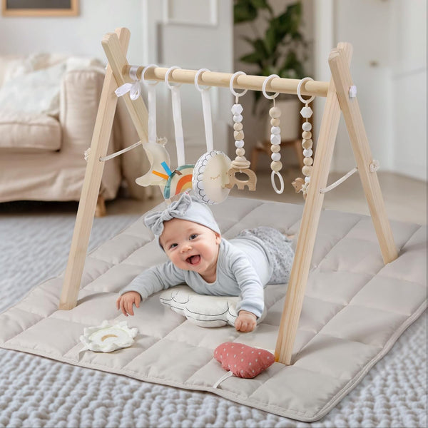 FUNNY SUPPLY Wooden Play Gym with Beige Mat, Foldable Baby Play Gym, Infant Activity