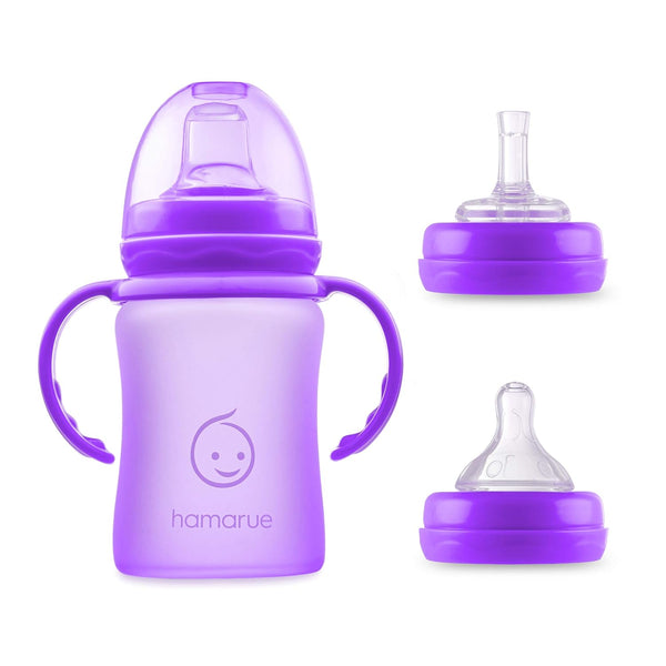 3-in-1 Glass Sippy Cups for Toddlers - Silicone Coated Baby Bottles, Non-Toxic Transition Cup with Removable Handles