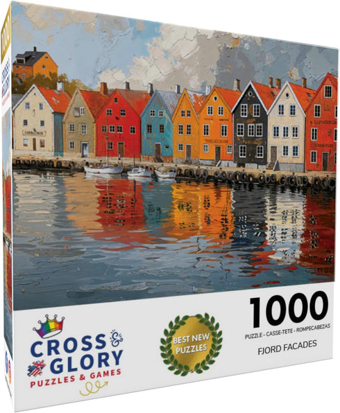 Fjord Facades: Norway's Water's Edge by Cross & Glory, 1000 Piece Jigsaw Puzzle for Adults, Norwegian Village Scene