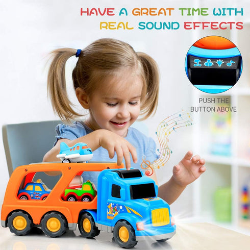9 Pcs Cars Toys for Toddlers, Big Carrier Truck with 8 Small Cartoon Pull Back Cars, Colorful Vehicles with Sound and