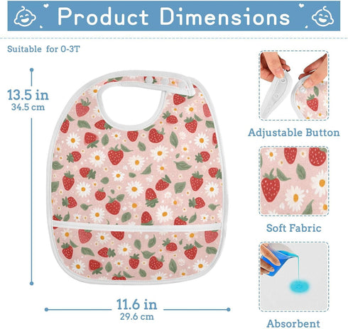 IHCVHQX 1 Pack Baby Feeding Bibs for Boys Girls Strawberries and Daisies Button Newborn Infant Bibs Teething Bib