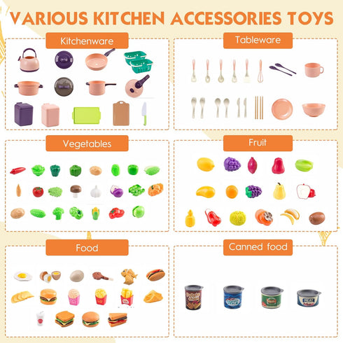 200Pcs Playset 2 Sets, Mini Play Kitchen Accessories for Kids, Pretend Cooking with Cookware, Tableware & Fruit