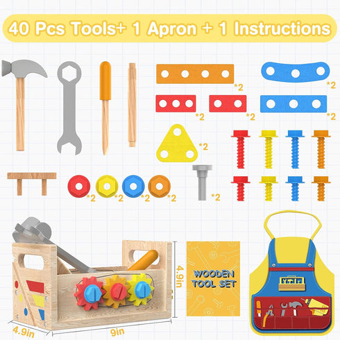 2 Set 2-4, Toys for Year Old Boy - Wooden Kids Tool with Apron, Montessori Toddler Bench STEM Educational Construction