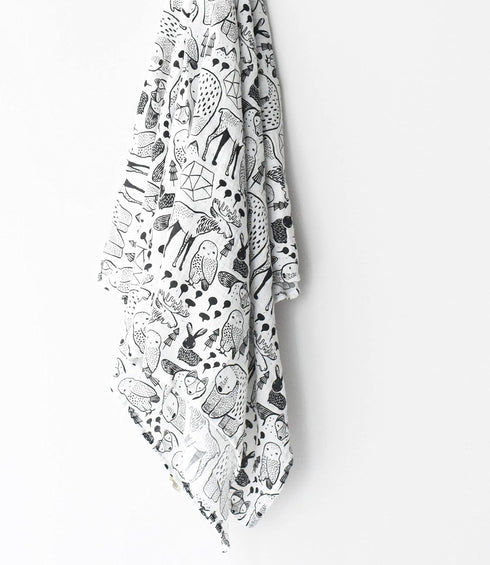 Wee Gallery Organic Muslin Swaddle - Nordic Woodland Animals Design, Black and White for Baby Development