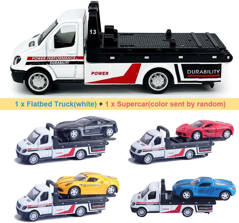 Flatbed Truck Toy Rescue Tow Truck, 2 in 1 Transport Trailer Car Carrier for Boys Kids Toddlers (White)