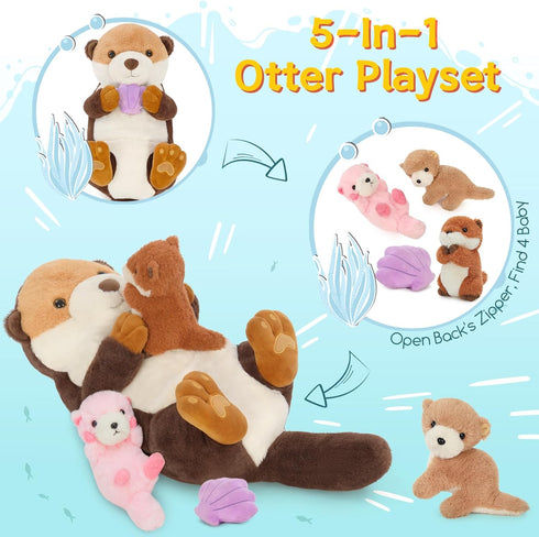 MorisMos 23.6'' Sea Otter Stuffed Animal with Babies, Big Mommy Otter Plush Toys & Seashell for Kids 3-5