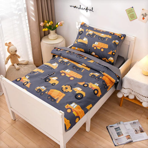 4 Set NTBED Pieces Construction Toddler Bedding for Baby Boys, Truck Vehicles Excavator Cars Printed, Includes