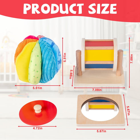 Montessori Baby Toys Play Kit, Mirror Peekaboo Knob Puzzle, Spinning Drum and Rainbow Fabric Ball Kit for 6-12 Months