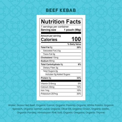 7+ 3.5 Oz, Pack 12-5g Serenity Kids Months World Explorers Baby Food Pouch - Beef Kebab, of Protein Snack - No Added