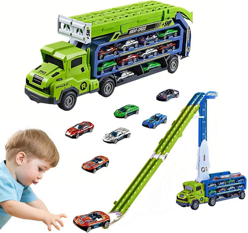 Carrier Truck Transport Toy, Foldable 2-Layer Car Race Track Playset with 25"